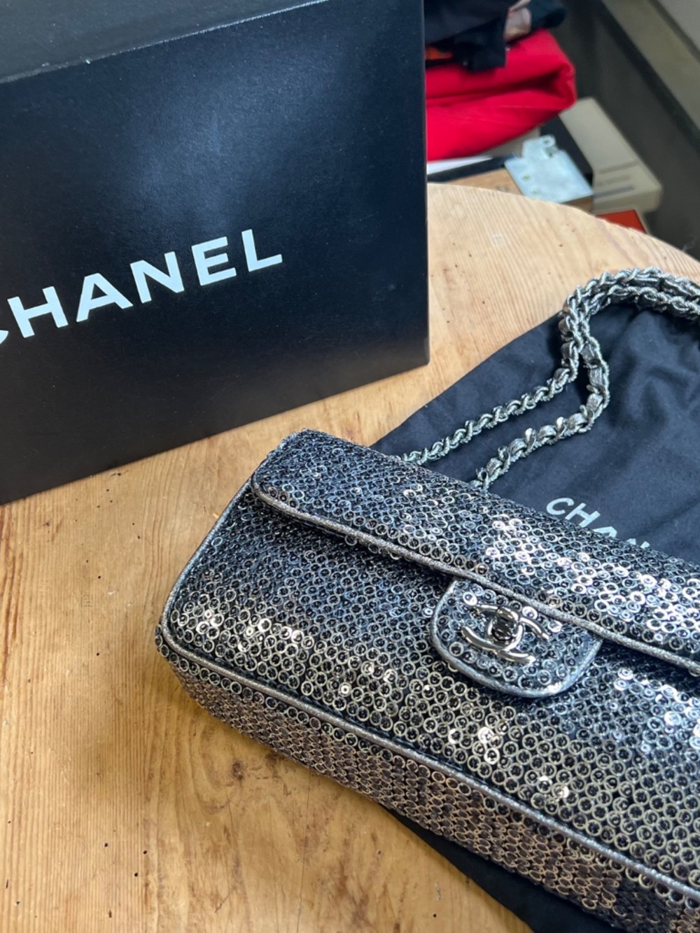 AUTHENTIC-Vintage Chanel Sequined Classic Flap Handbag ( Color: Black/Silver) - Picture 2 of 16